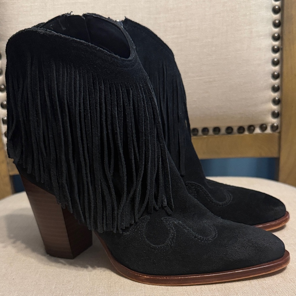 Sam Edelman Fringed Black Suede Ankle Boots, Size 8